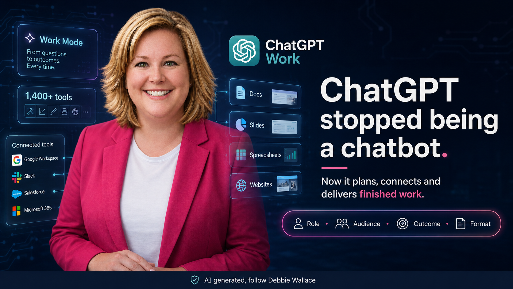 Debbie Wallace in a pink blazer with a ChatGPT Work dashboard showing connected tools, docs, slides, spreadsheets, websites, and the Role Audience Outcome Format prompt framework