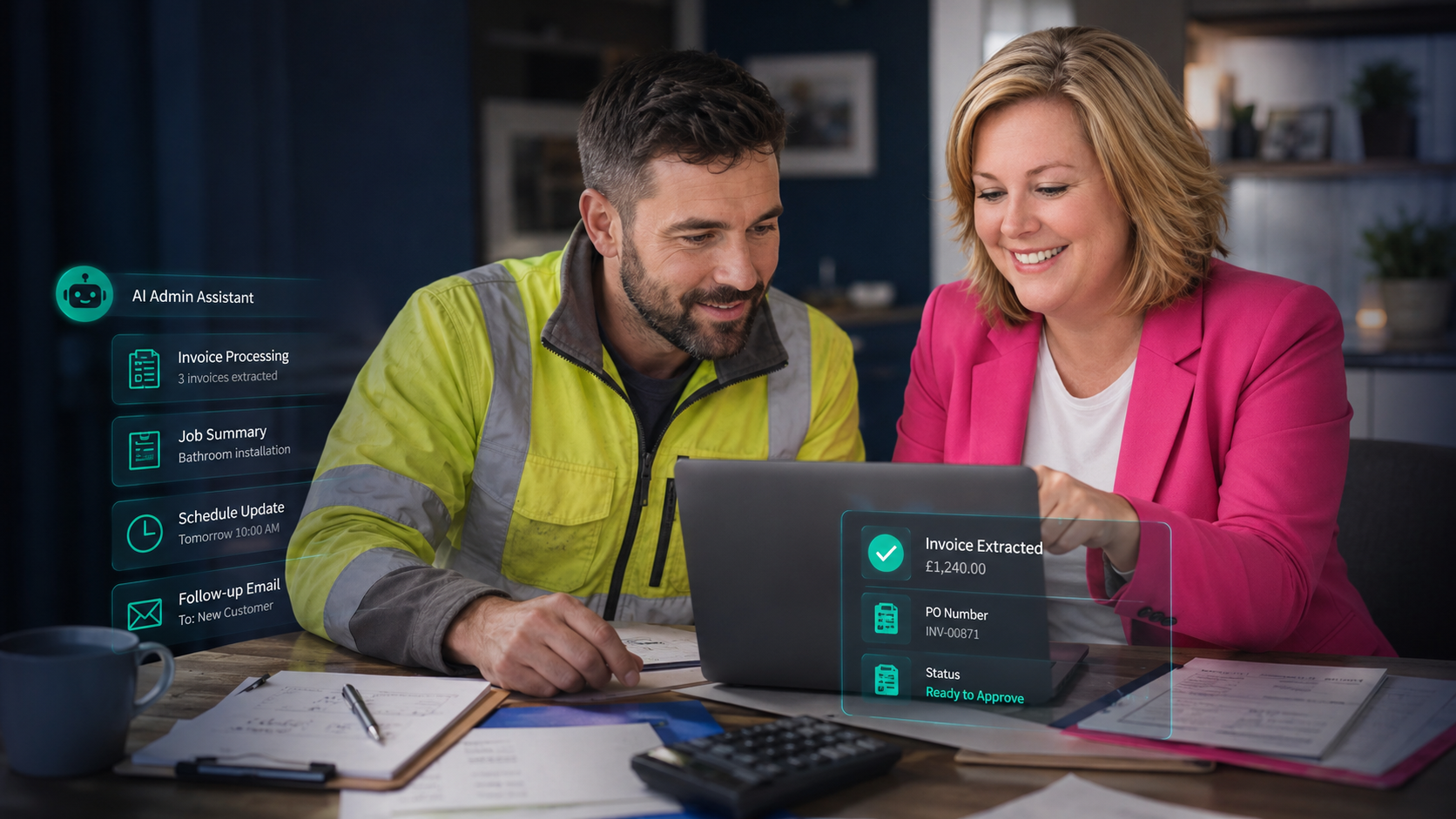 A tradesperson in a hi-vis jacket and Debbie Wallace reviewing an AI admin assistant on a laptop, showing automated invoice processing, job summaries and booking updates for a UK trades business