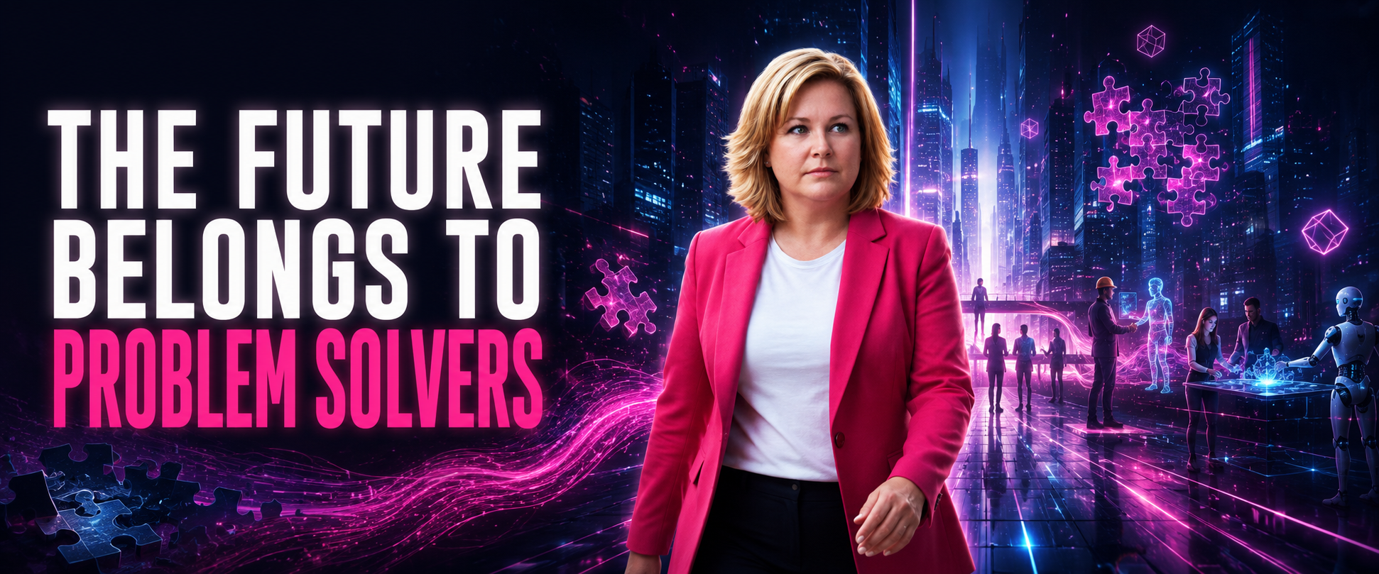 Debbie Wallace in a pink blazer standing in a neon future city with the words 'The Future Belongs to Problem Solvers'