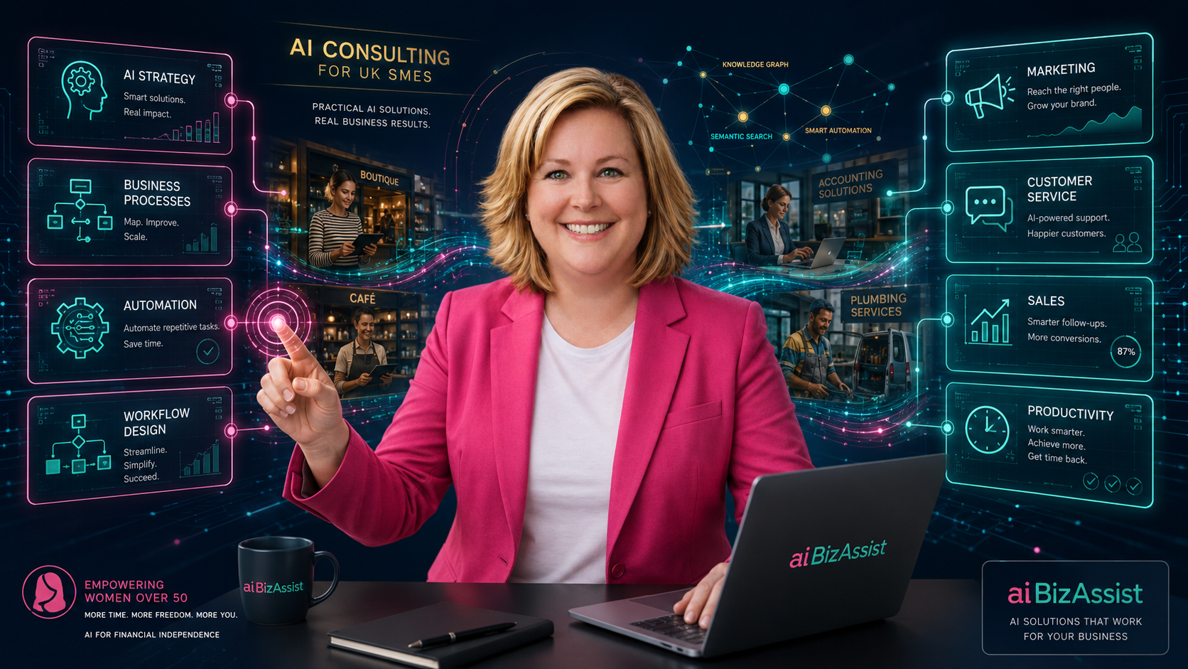 Debbie Wallace, AI Business Consultant for UK SMEs, in a pink blazer presenting a comprehensive AI consulting dashboard showing business strategy, automation, workflow design, marketing, customer service, sales, and productivity solutions.