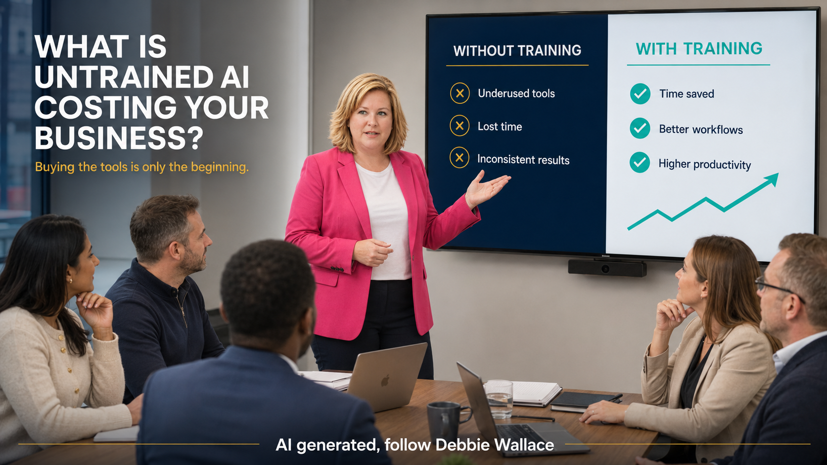 Debbie Wallace delivering AI training to a business team, with a screen comparing untrained AI use (underused tools, lost time, inconsistent results) against trained AI use (time saved, better workflows, higher productivity)