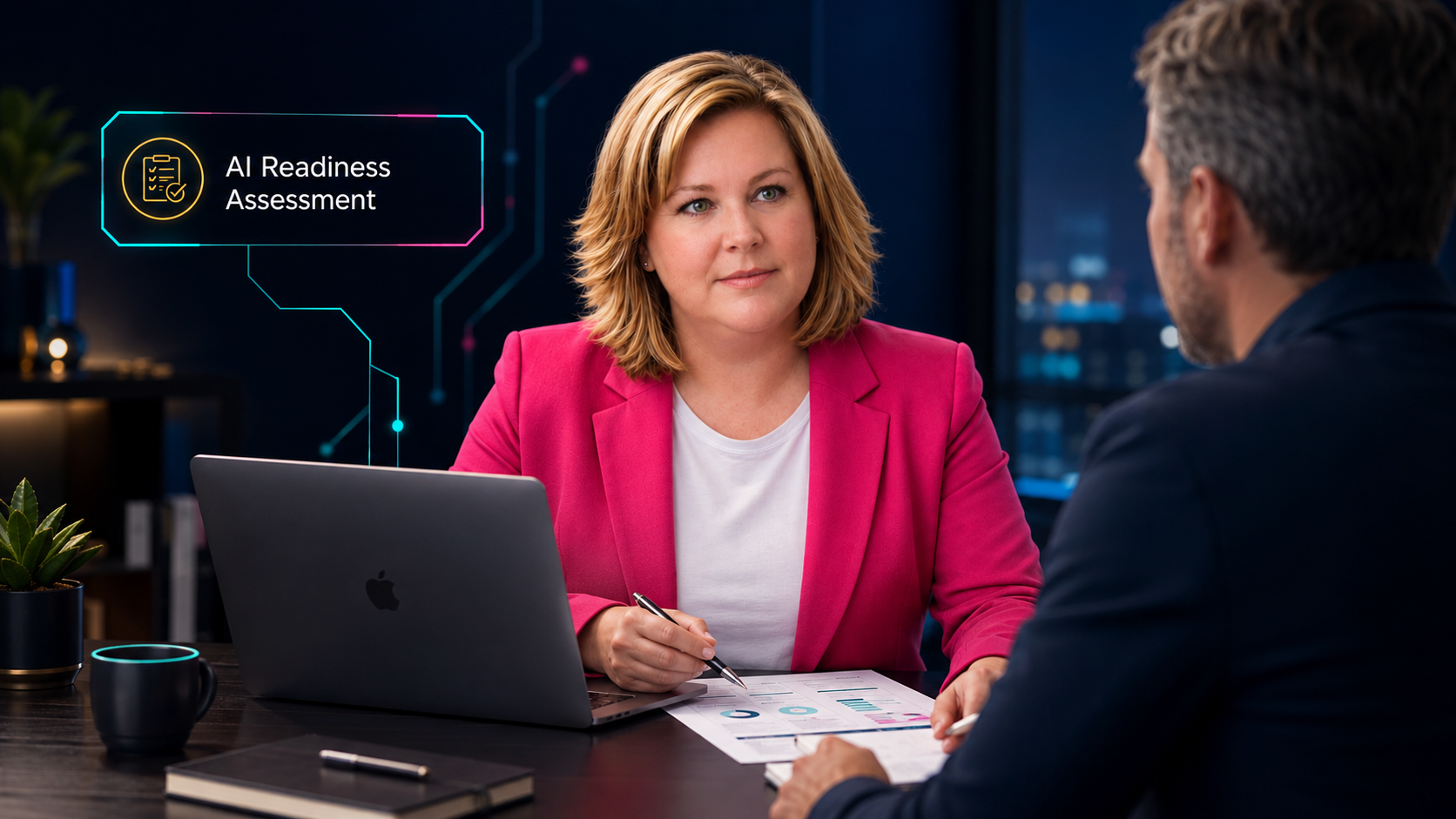 Debbie Wallace, AI consultant for UK SMEs, reviewing business processes and data during an AI Readiness Assessment session with a client.