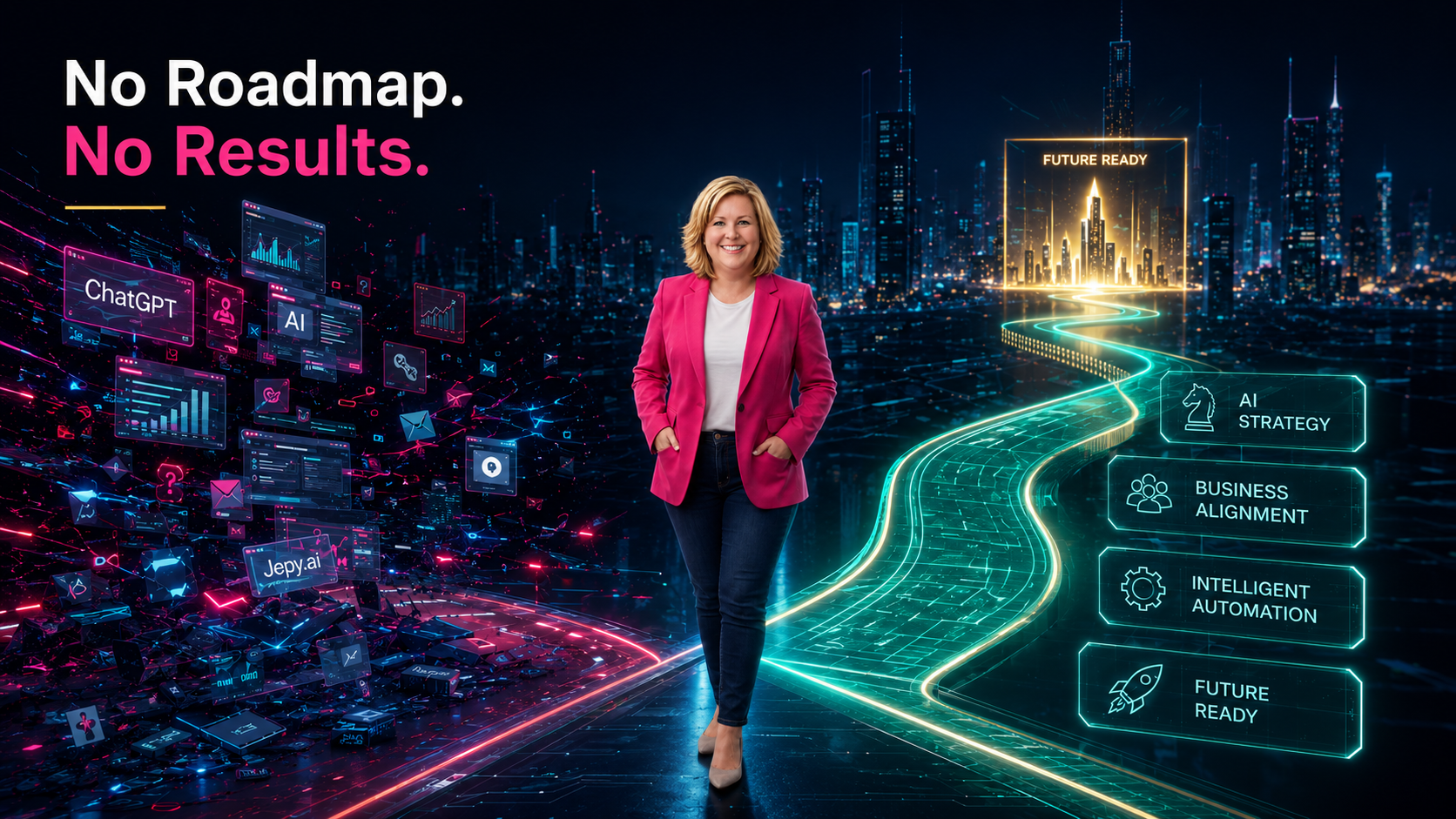 Debbie Wallace standing between chaotic AI tools without a strategy and a glowing roadmap leading to Future Ready, showing the four pillars: AI Strategy, Business Alignment, Intelligent Automation, and Future Ready.