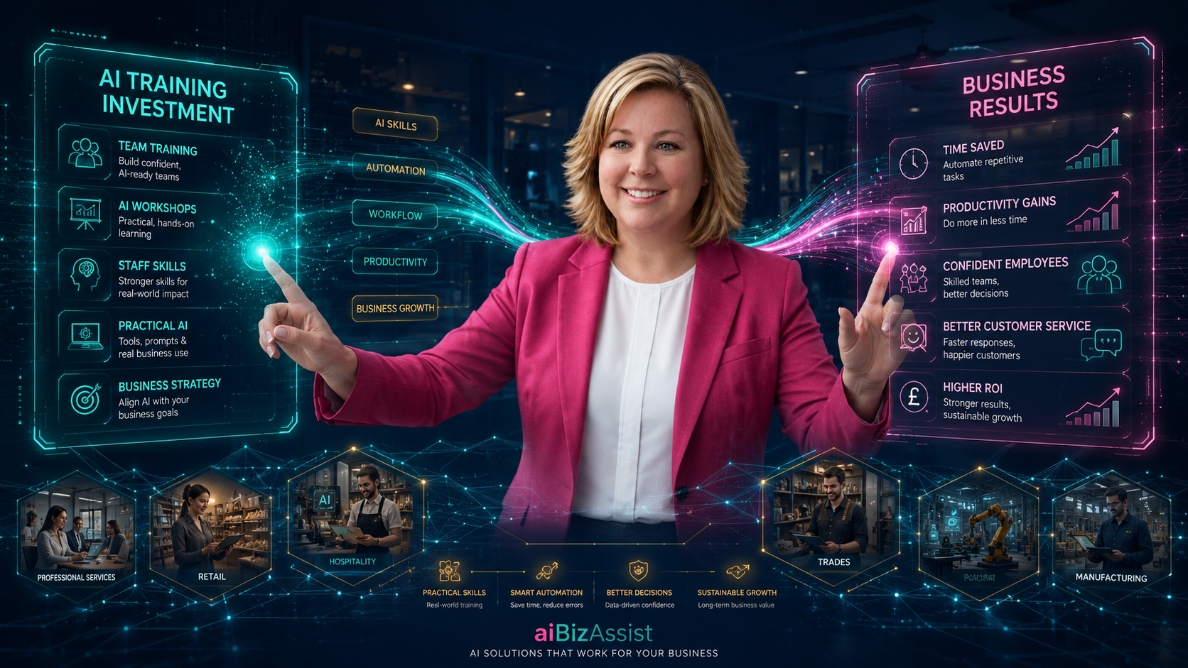 Debbie Wallace, AI Business Consultant for UK SMEs, in a pink blazer presenting an AI training investment dashboard showing team training, workshops, staff skills, practical AI tools, business strategy, and measurable business results including time saved, productivity gains, confident employees, better customer service, and higher ROI across professional services, retail, hospitality, trades, and manufacturing sectors.