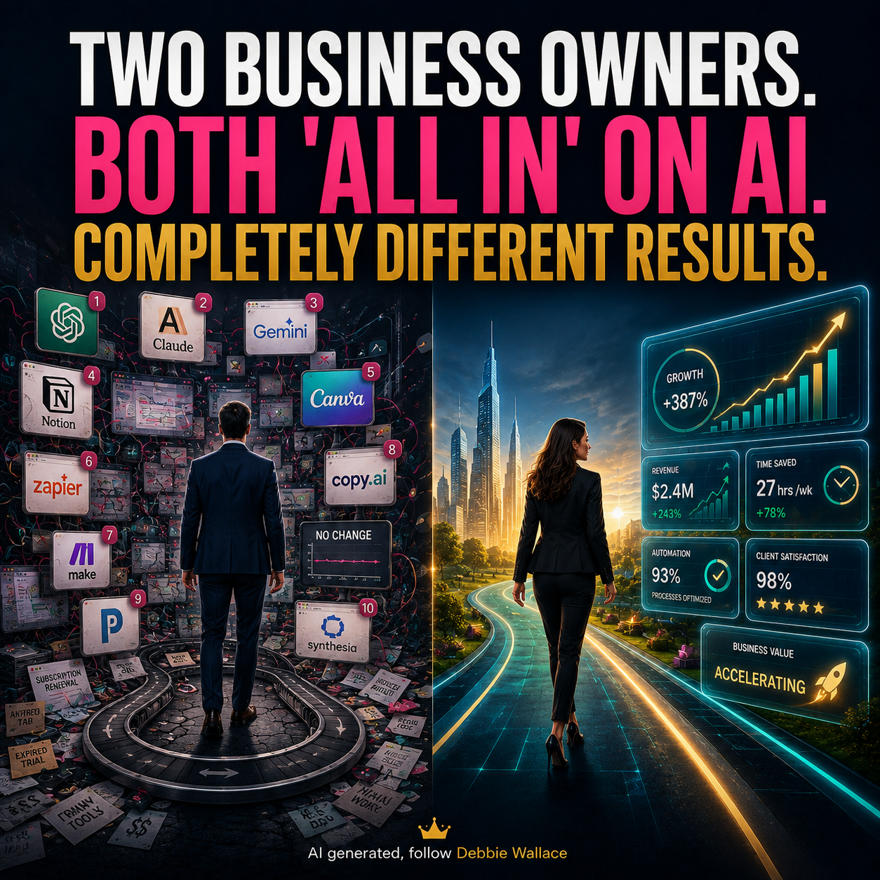 Split image contrasting a business owner lost in a wall of disconnected AI tools with a business owner walking a clear road towards dashboards showing growth, revenue and time saved, illustrating retrofitting AI versus redesigning a UK business around AI