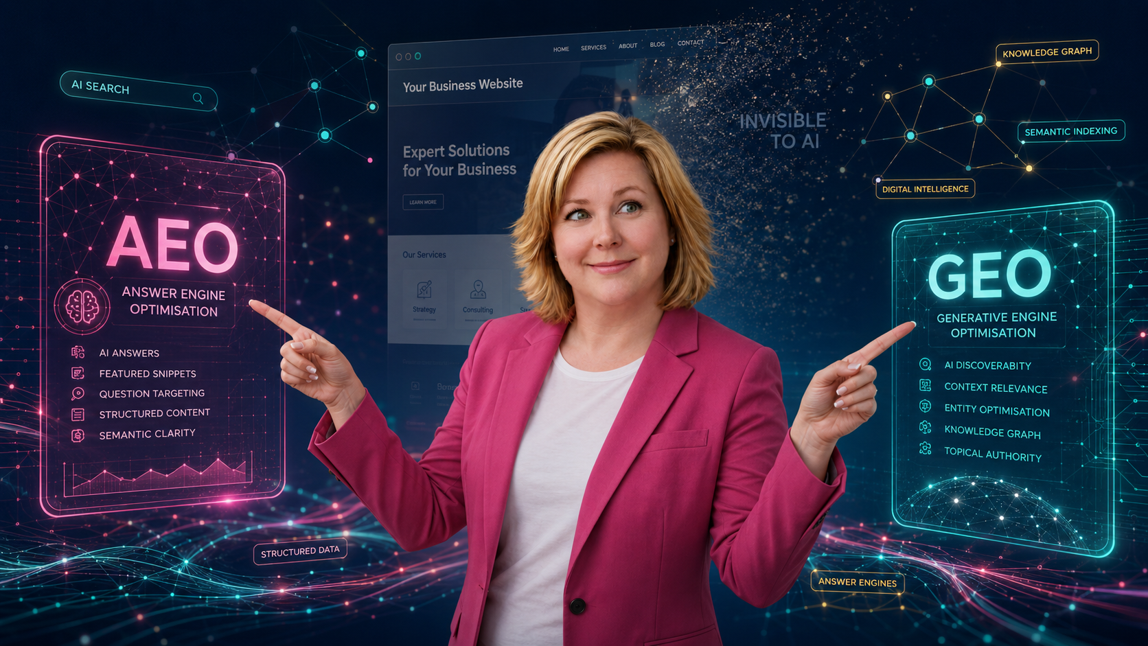 Debbie Wallace in a pink blazer pointing to AEO Answer Engine Optimisation and GEO Generative Engine Optimisation panels with a website rendered invisible to AI in the background.