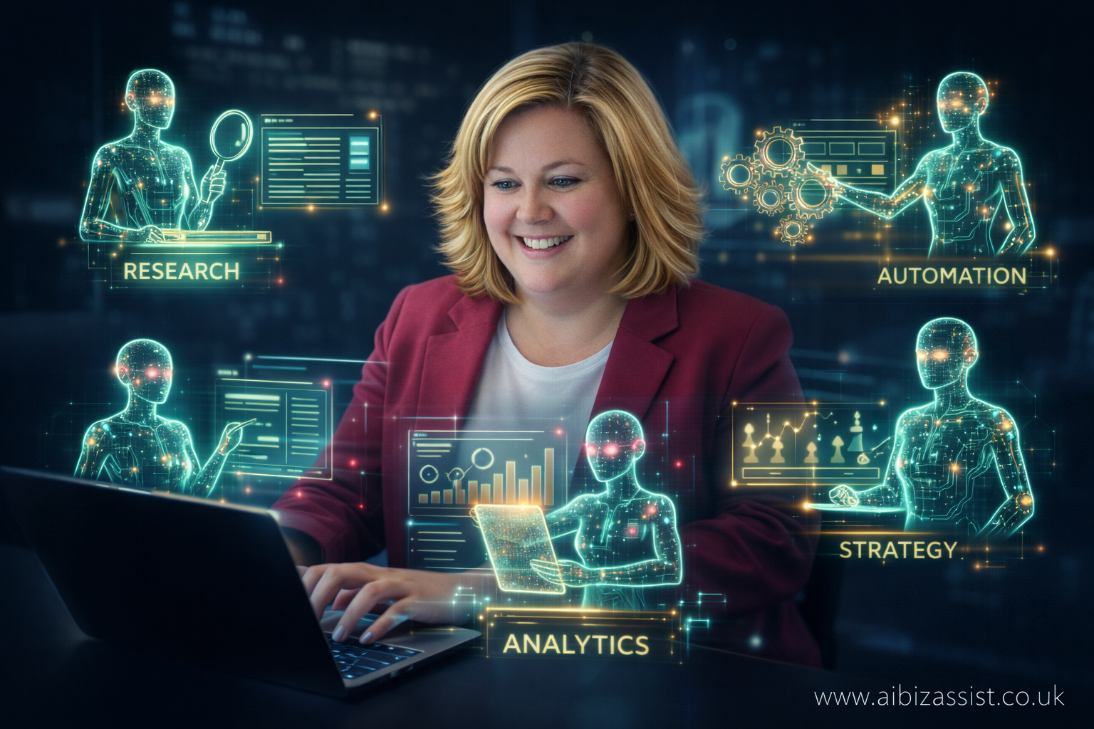 AI assistants helping with business tasks including research, automation, analytics and strategy