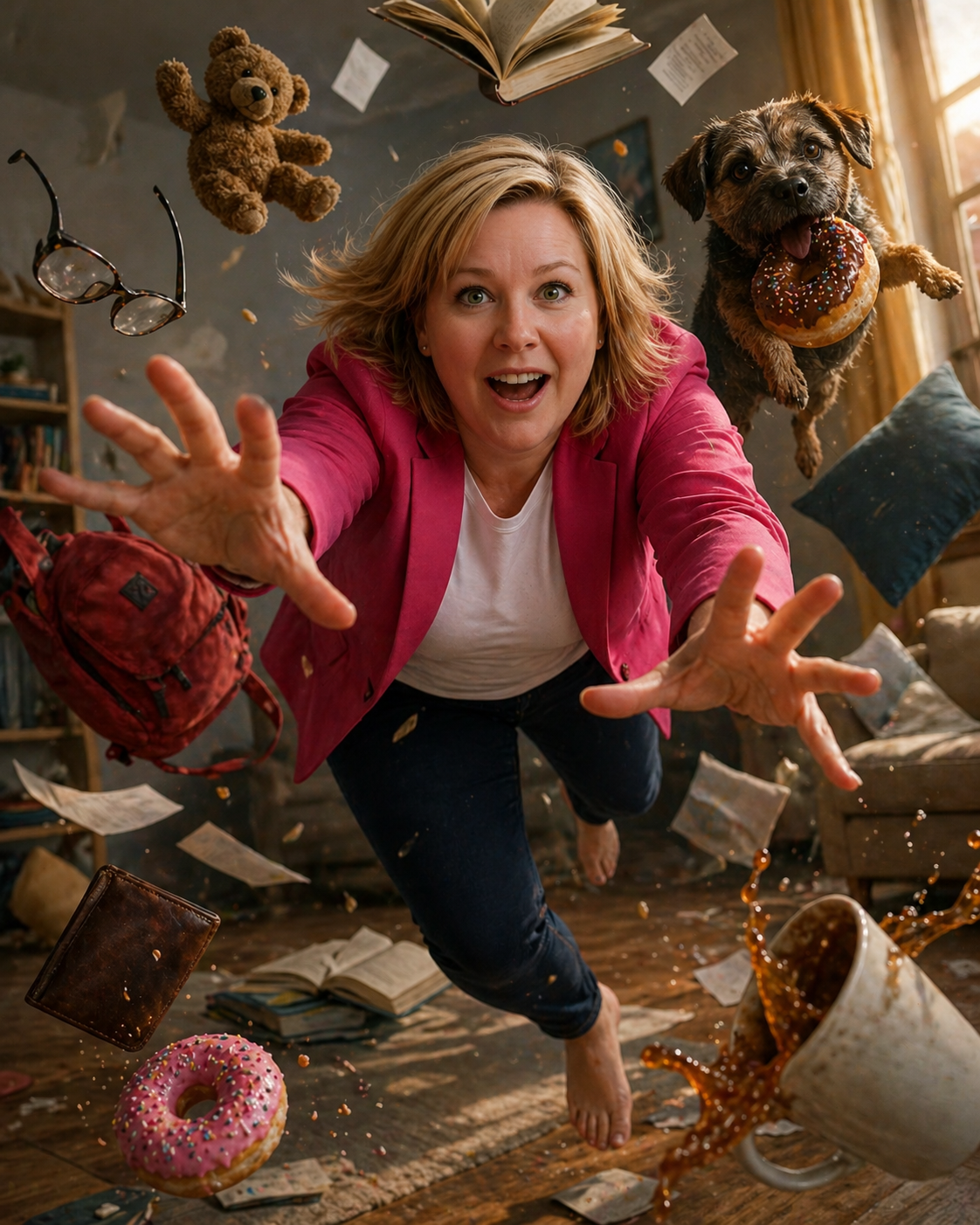 Woman diving through a chaotic room with flying objects and dog with donut