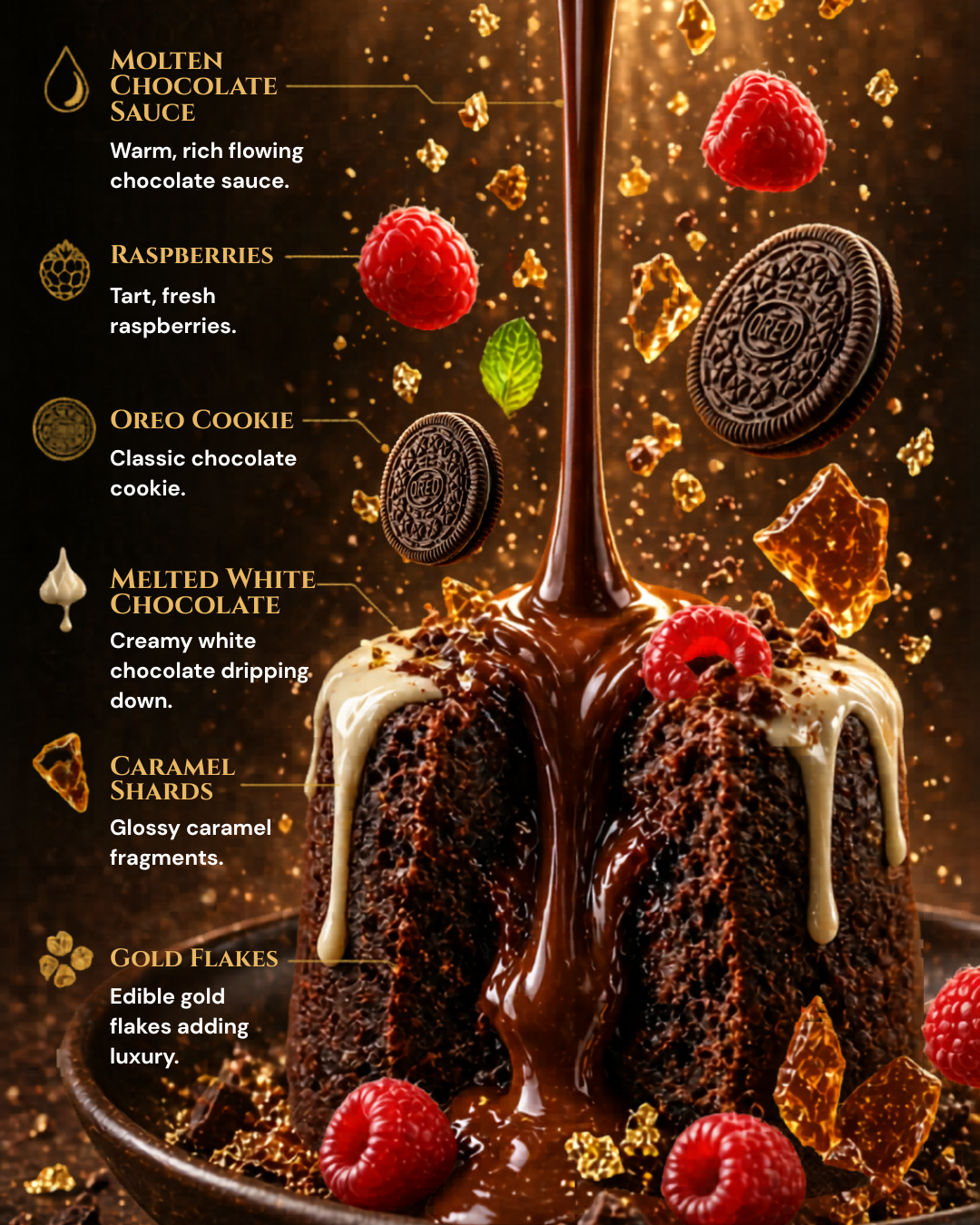 Decadent chocolate dessert with annotated ingredients including raspberries, Oreo, caramel and gold flakes