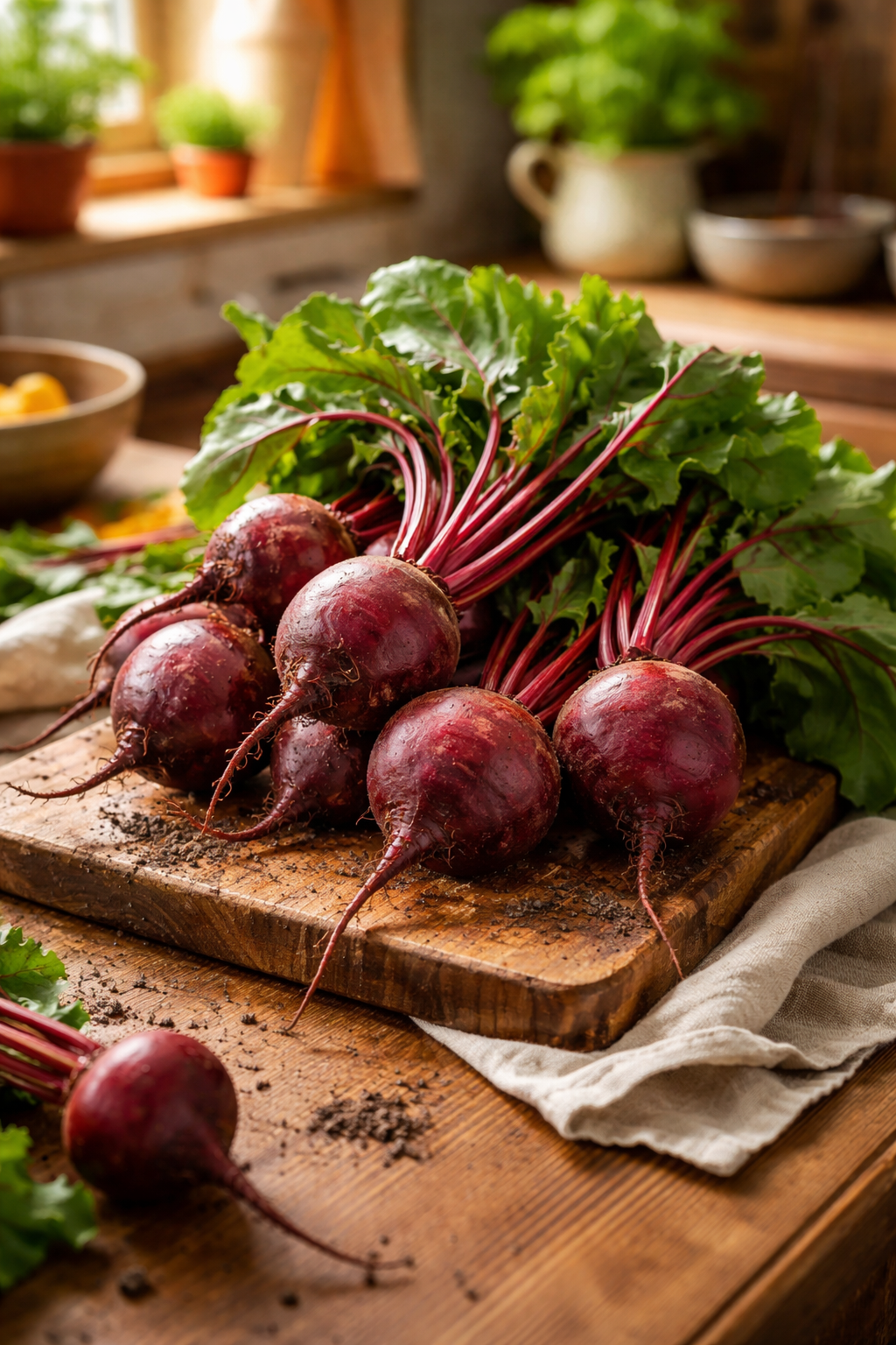 Freshly harvested beetroots on wooden counter