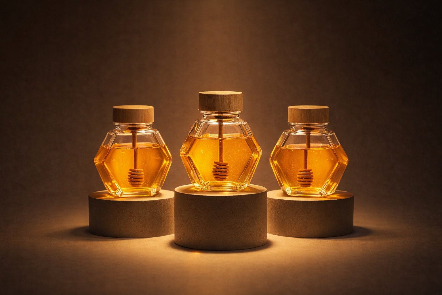 Golden honey jars on elegant pedestals