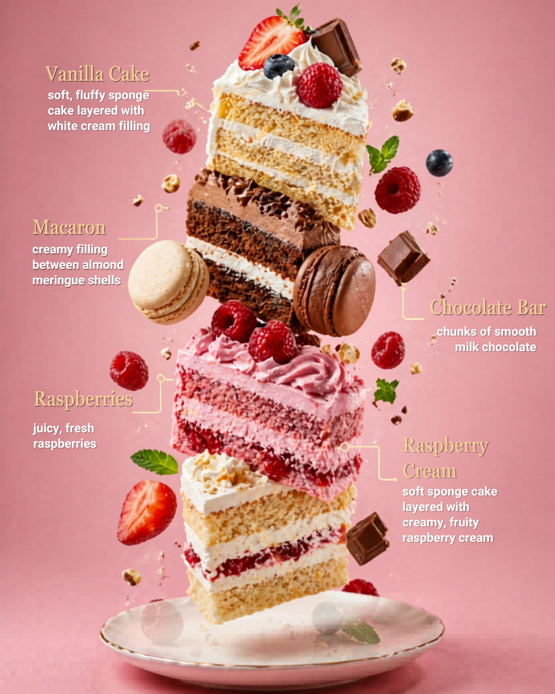 Layered cake stack with annotated ingredients including vanilla cake, macaron, chocolate bar, raspberries and raspberry cream