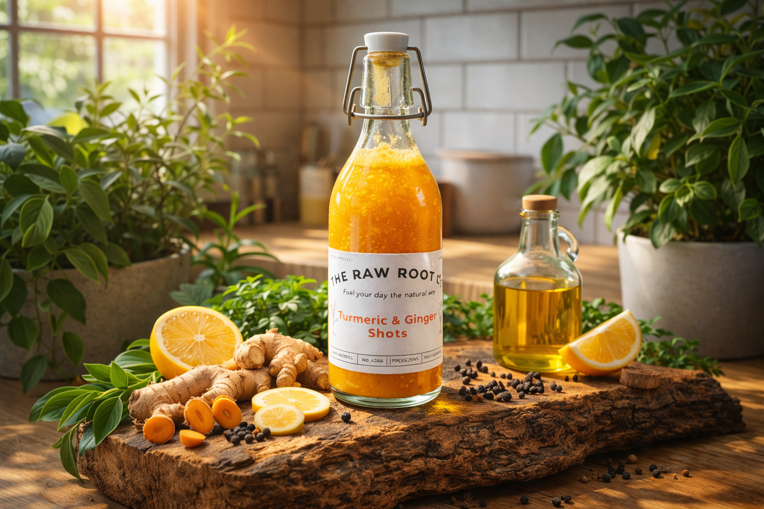 Natural turmeric and ginger shot display