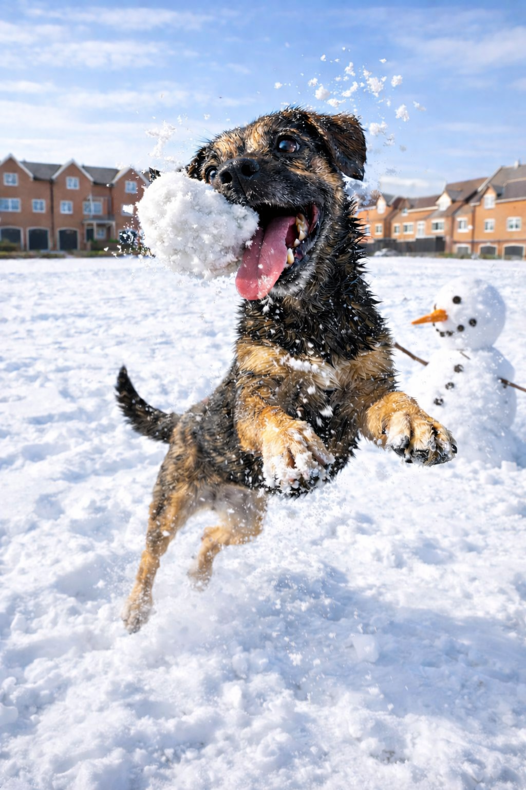 Playful pup and lopsided snowman