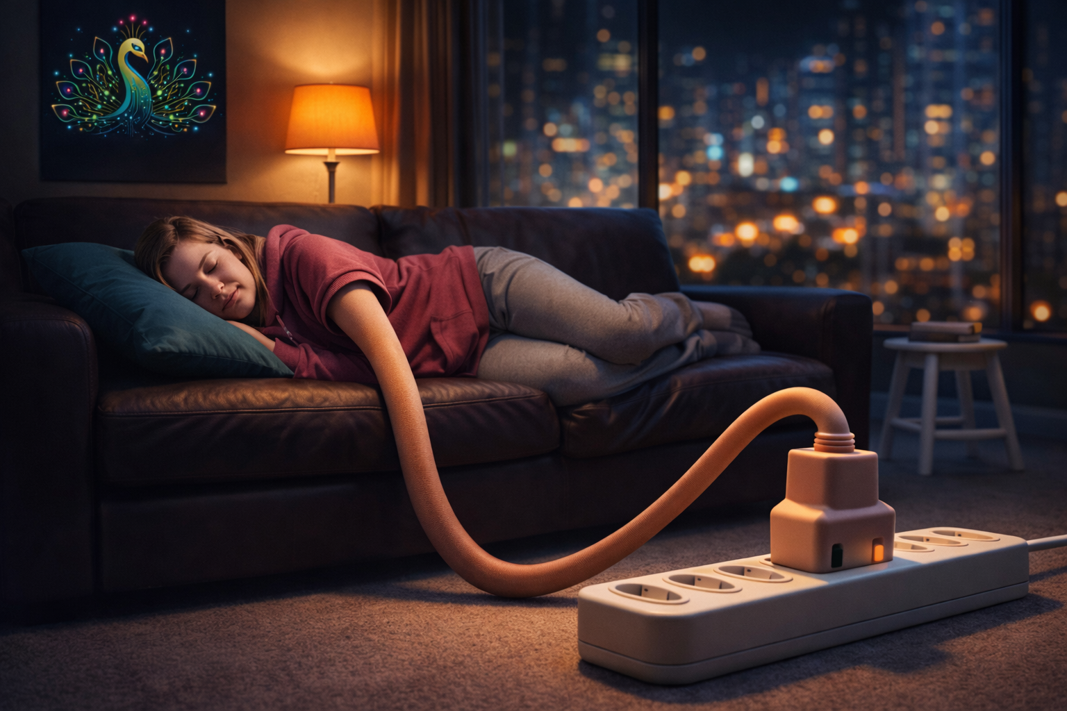 Sleeping woman with surreal power plug arm