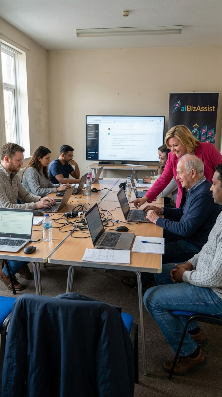 Debbie helping a workshop attendee with AI tools