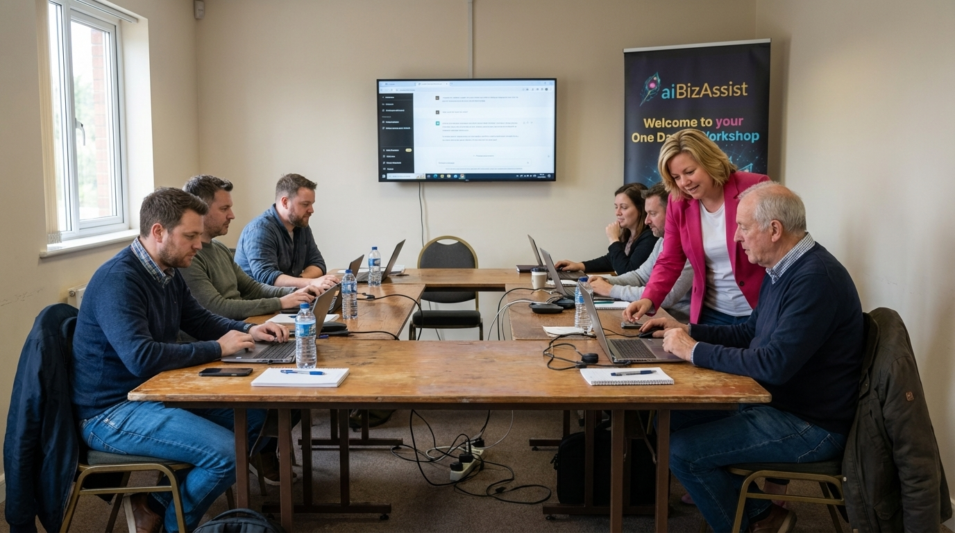 Business owners learning AI at an aiBizAssist workshop
