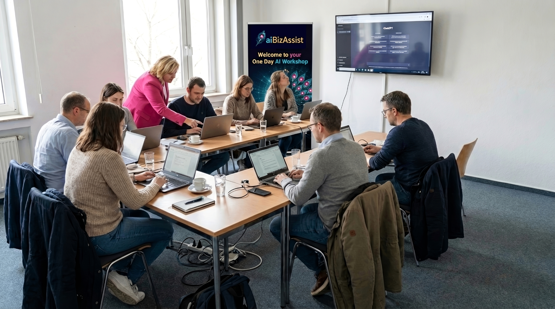 Full workshop room with aiBizAssist banner